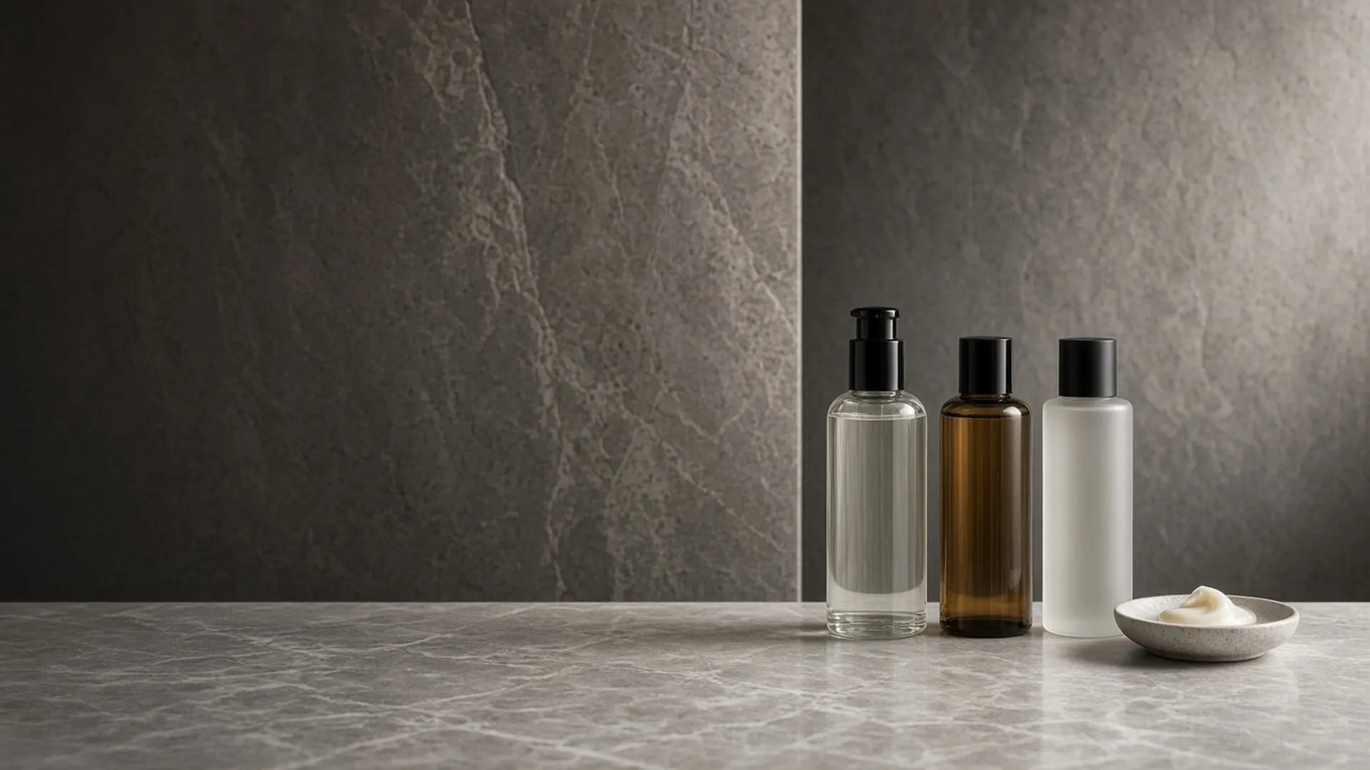 Three plain shampoo bottles on marble