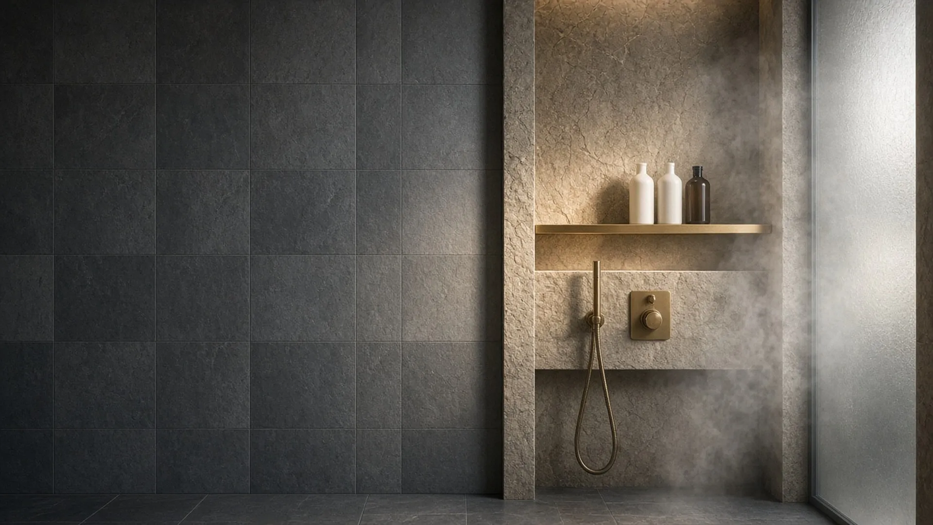 Plain bottles in a steamy stone shower niche