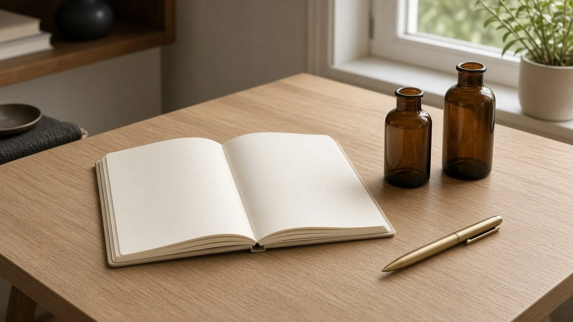 Notebook and two plain bottles on an oak desk