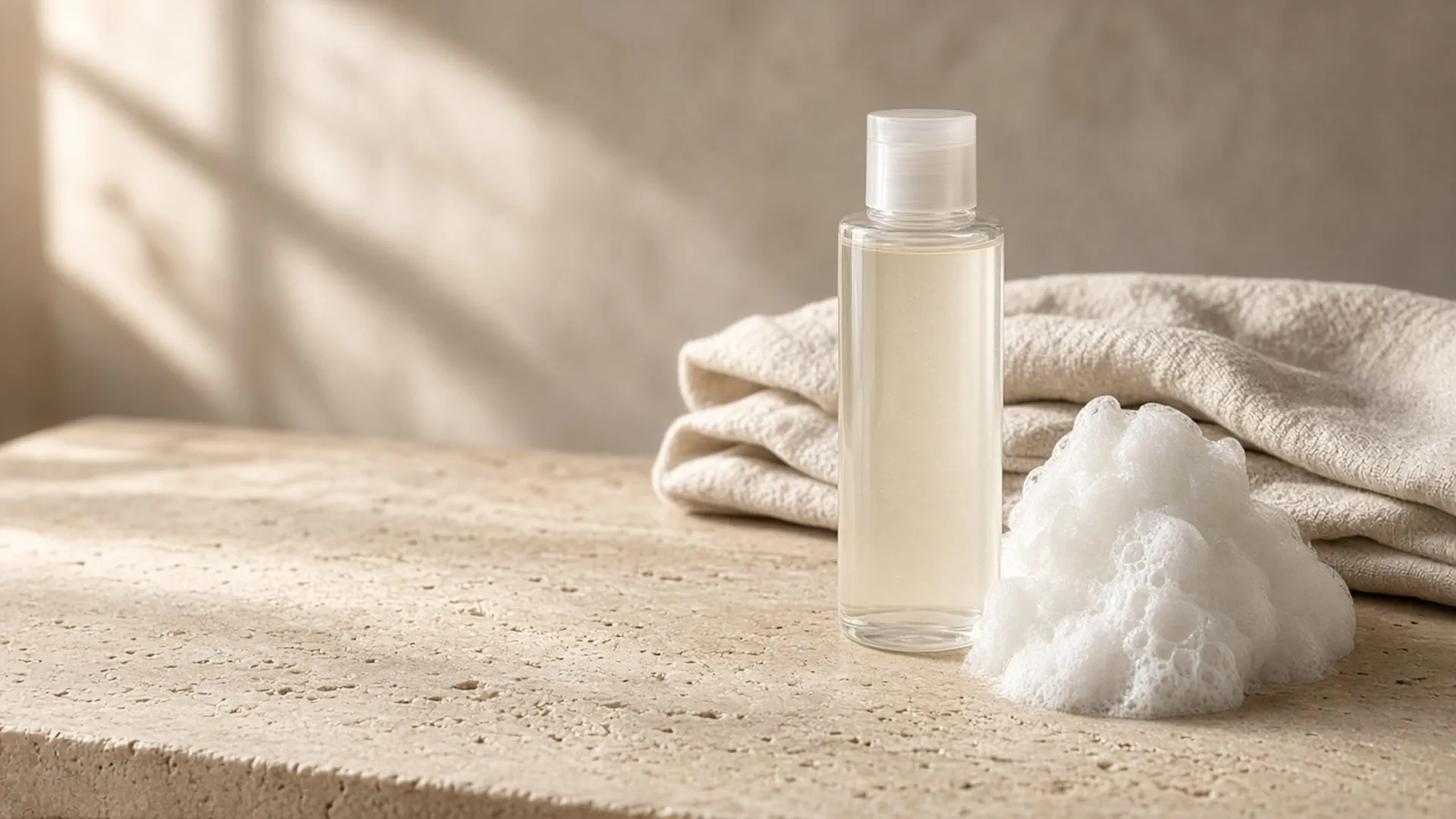 Clear shampoo bottle beside a mound of white lather