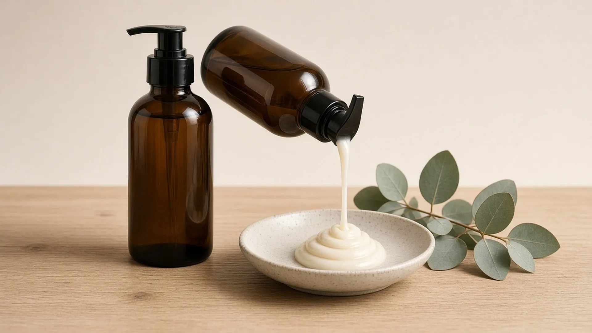 Two amber pump bottles and a ribbon of creamy shampoo on a dish