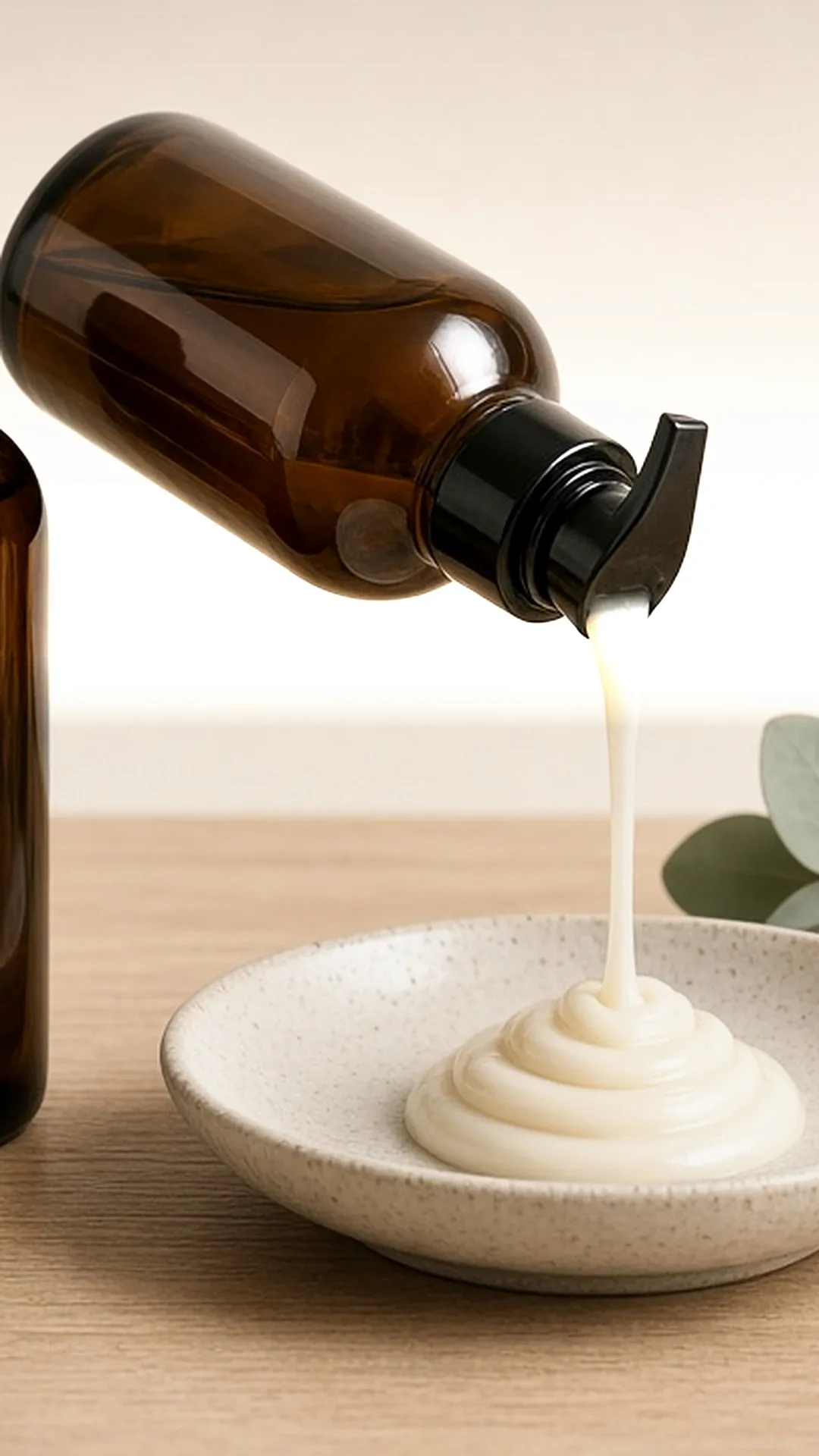 Two amber pump bottles and a ribbon of creamy shampoo on a dish