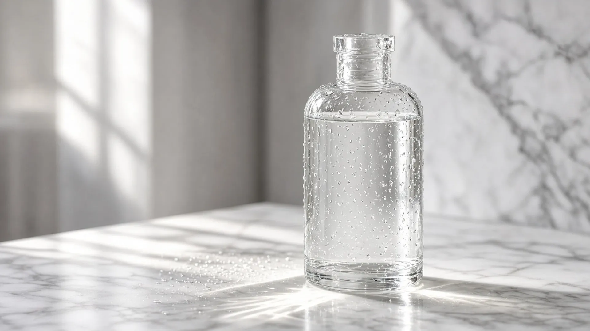 Clear bottle of transparent shampoo on white marble