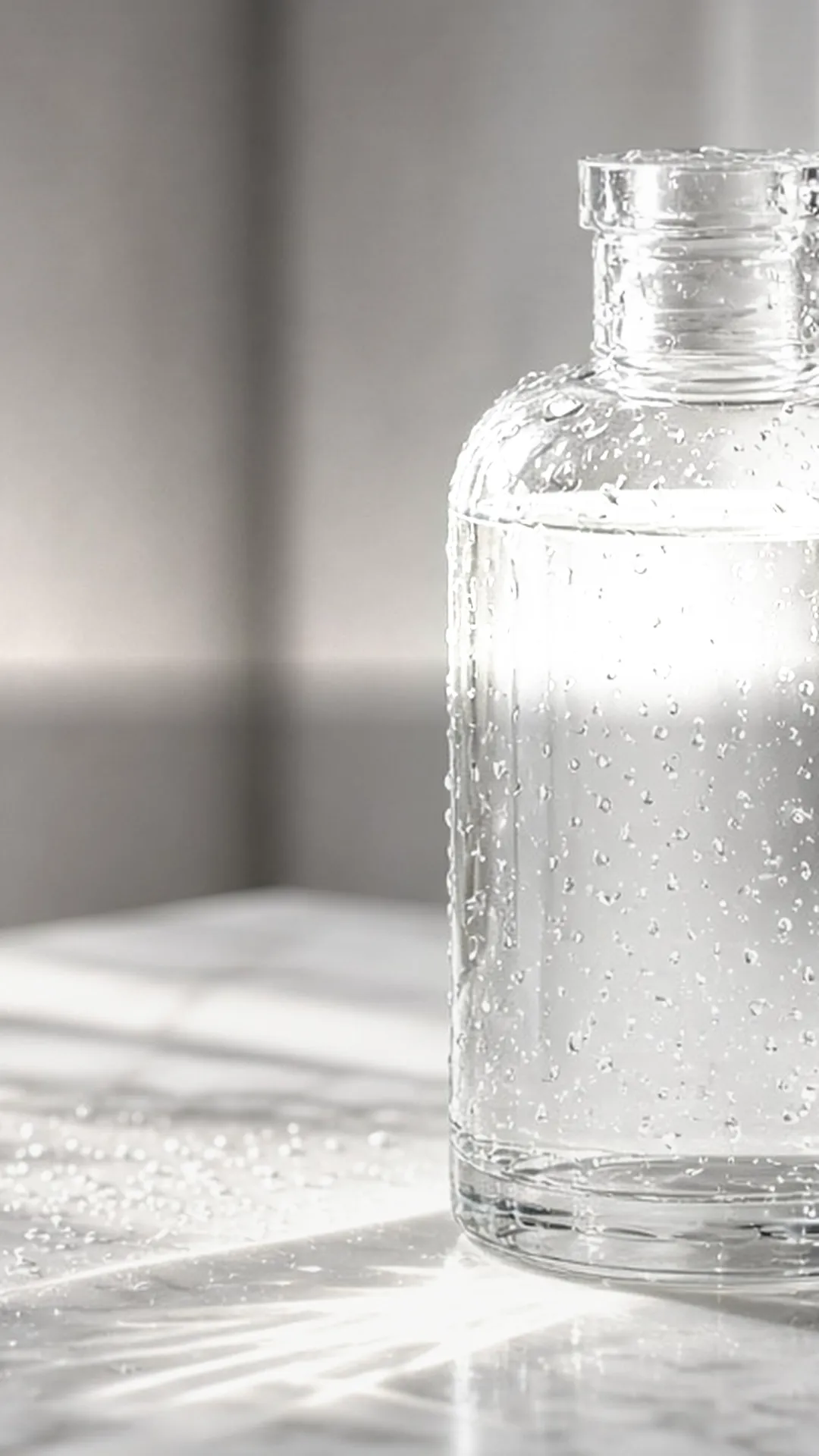 Clear bottle of transparent shampoo on white marble