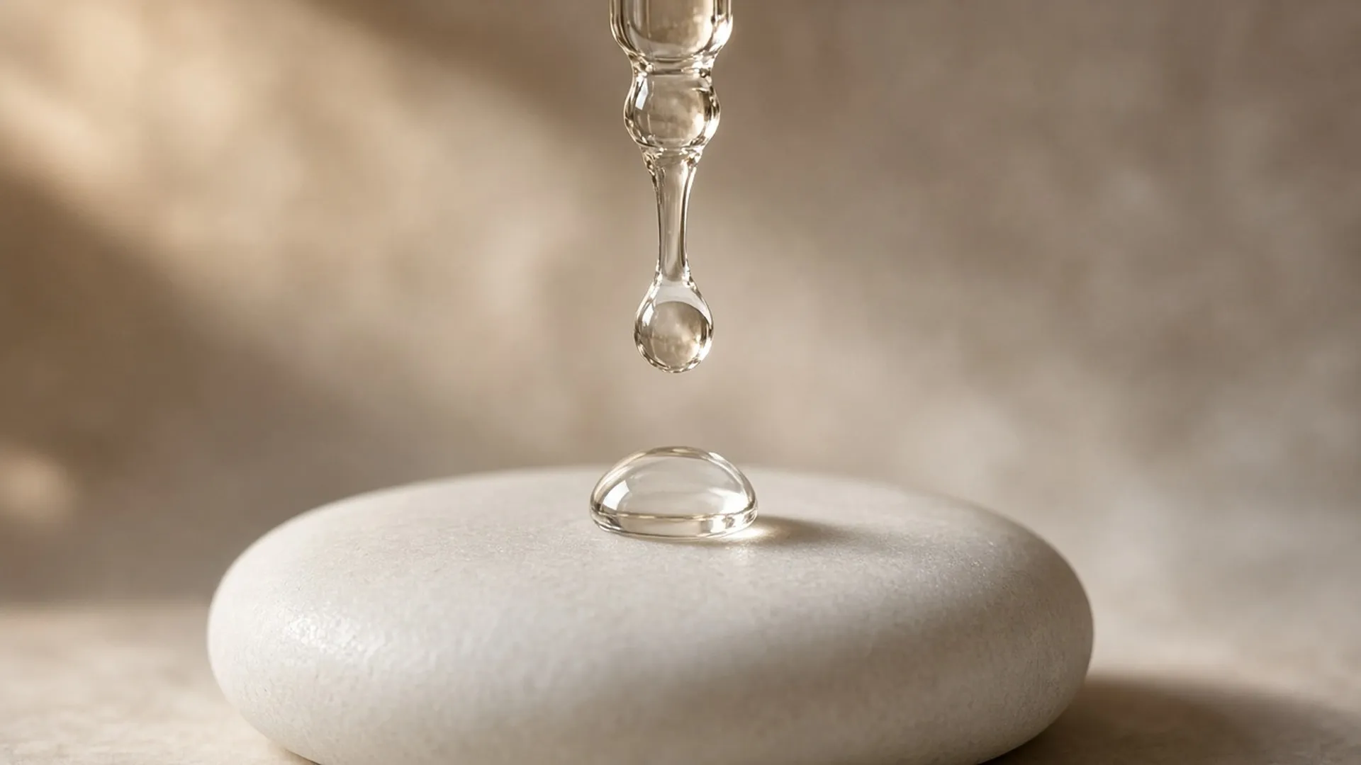 A clear glossy drop falling from a glass dropper onto stone