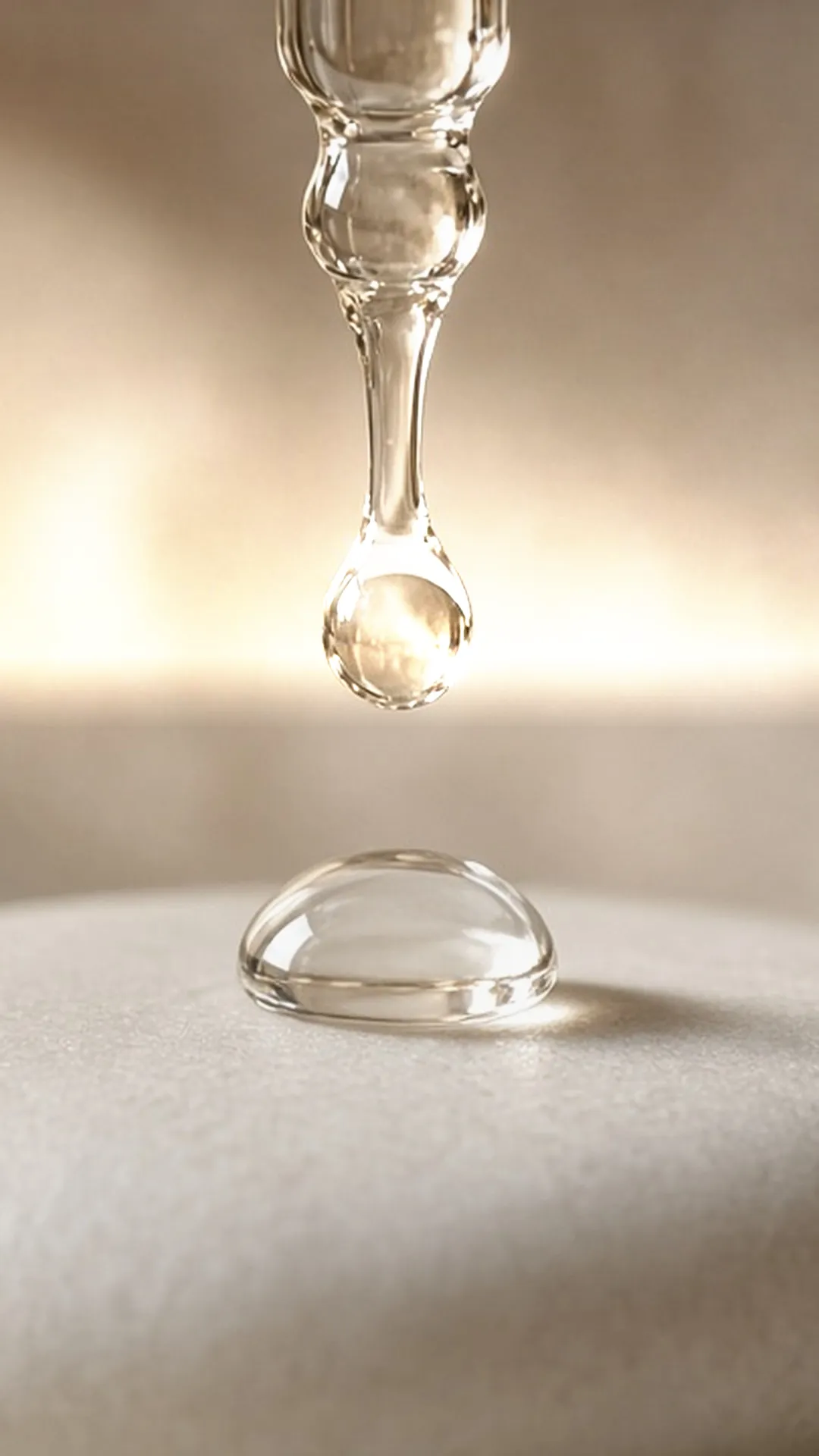 A clear glossy drop falling from a glass dropper onto stone