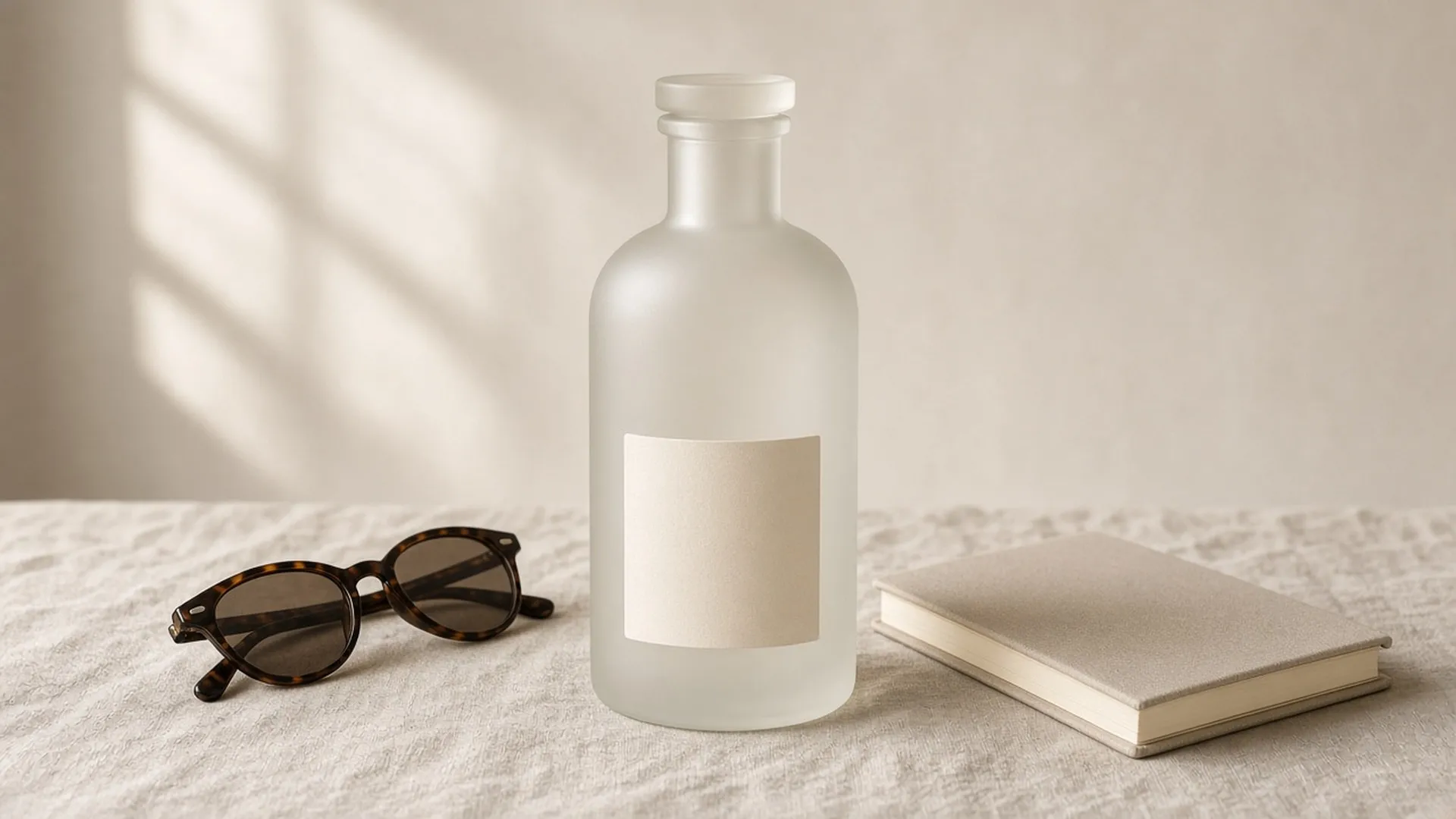 Back of a plain bottle beside reading glasses and a notebook