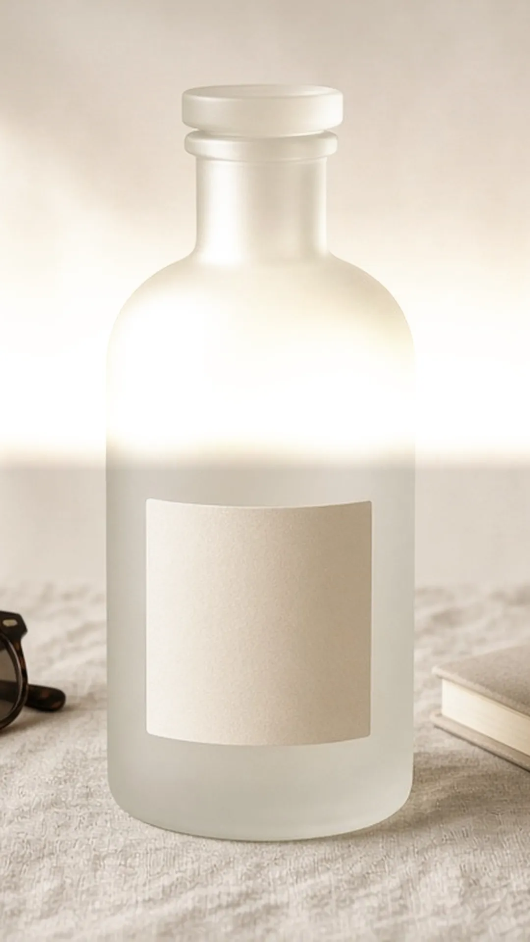 Back of a plain bottle beside reading glasses and a notebook
