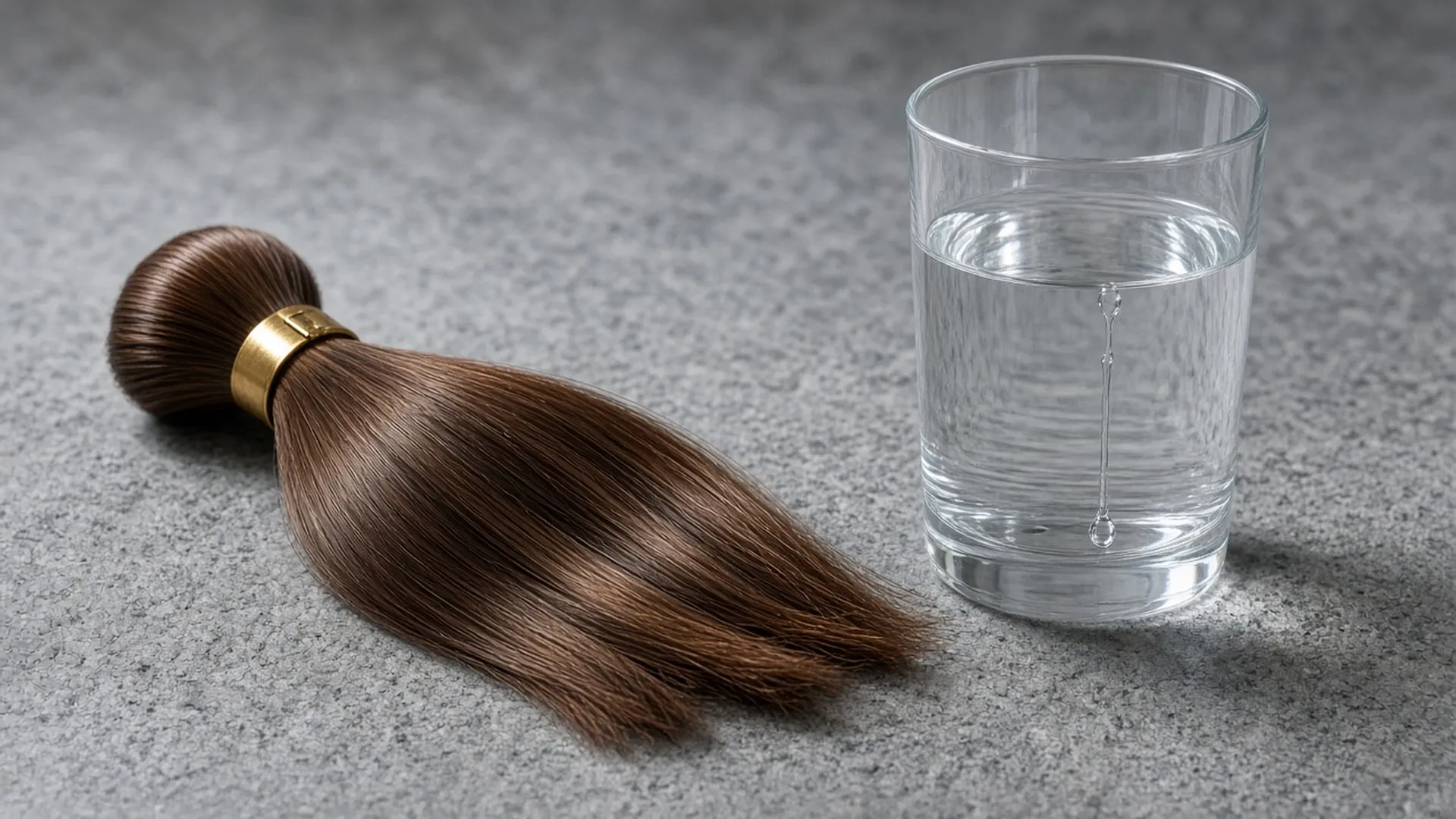 Hair swatch beside a glass of water with droplets on the strands