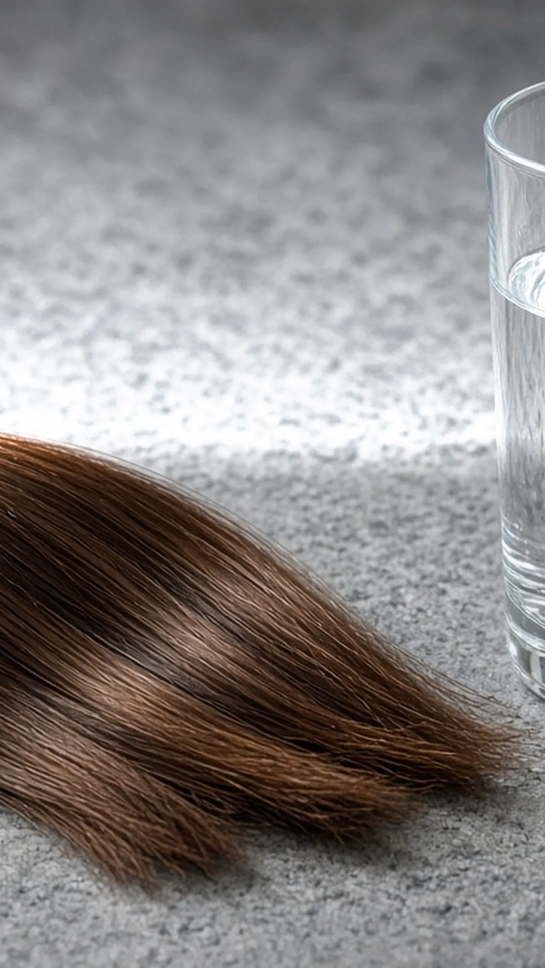 Hair swatch beside a glass of water with droplets on the strands