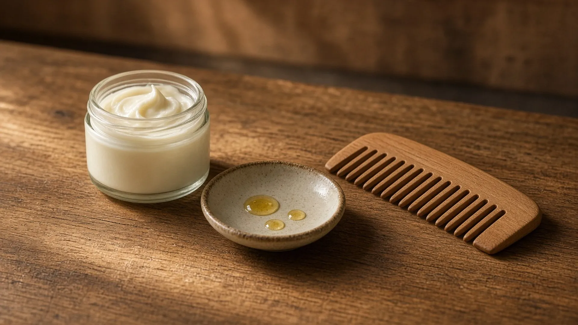 Jar of cream, drops of oil, and a wide-tooth comb on oak