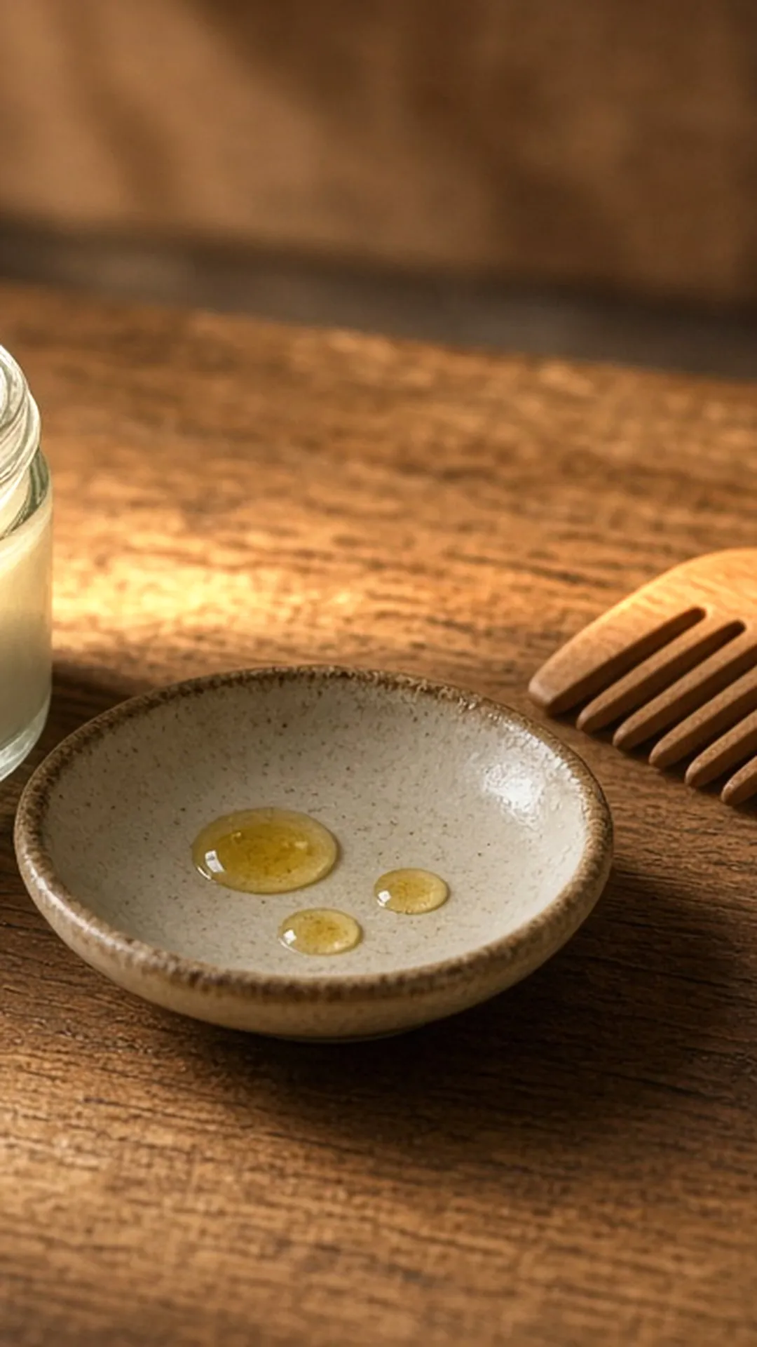 Jar of cream, drops of oil, and a wide-tooth comb on oak