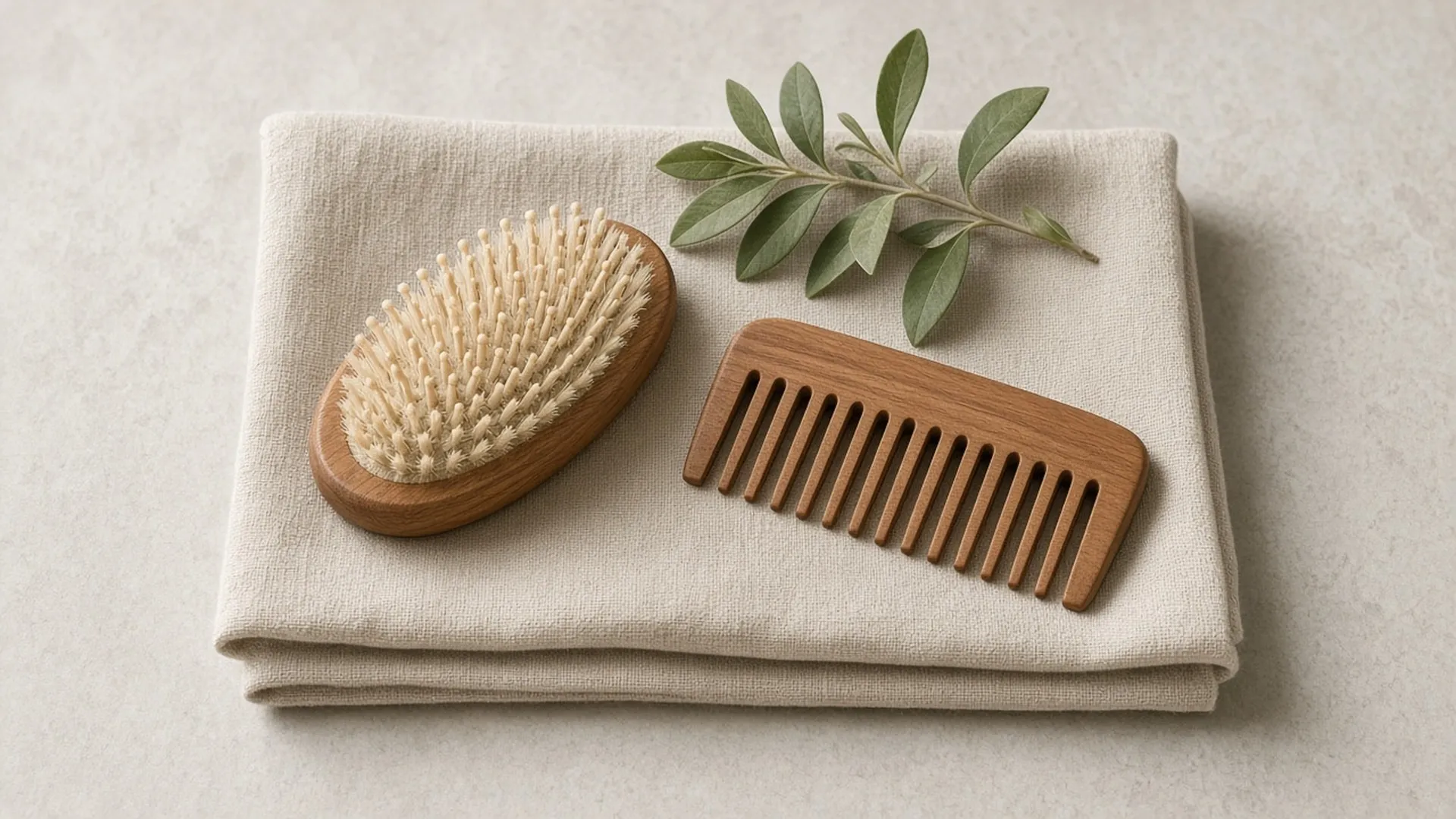 Soft brush and wide-tooth comb on a folded linen towel