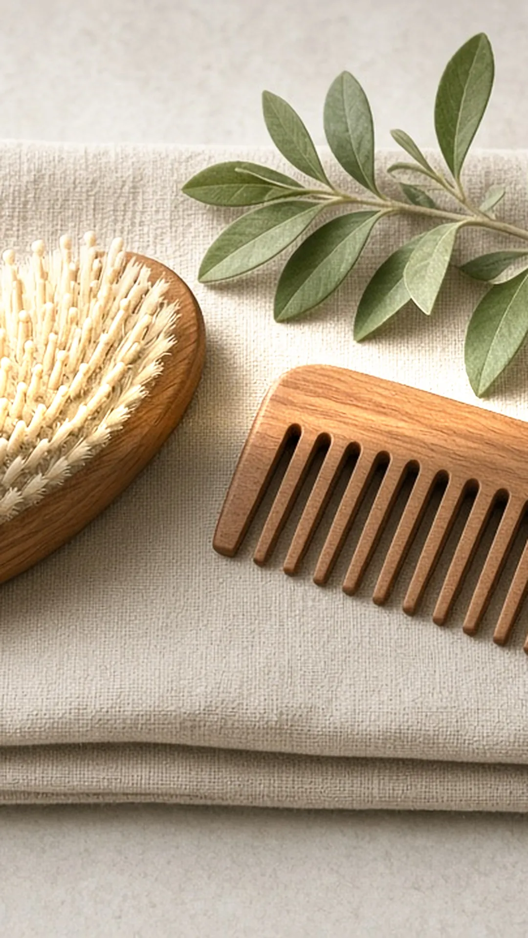 Soft brush and wide-tooth comb on a folded linen towel