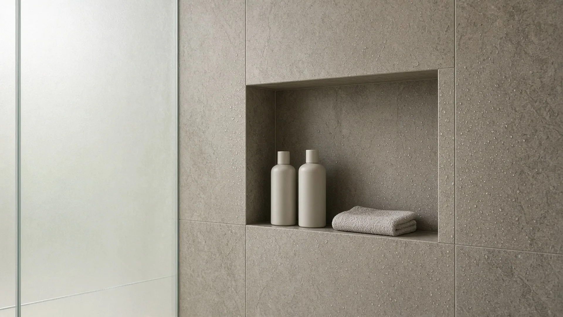 Two plain bottles in a stone shower niche