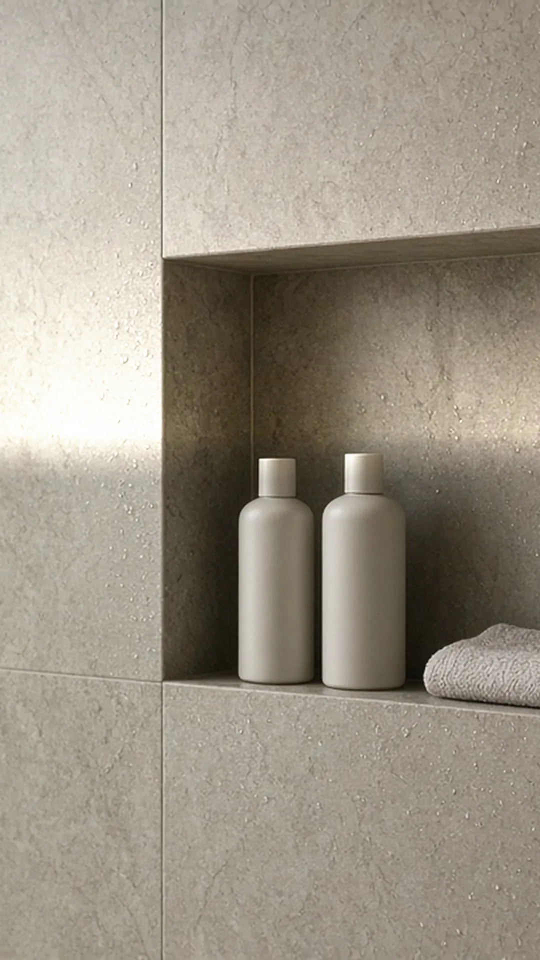 Two plain bottles in a stone shower niche