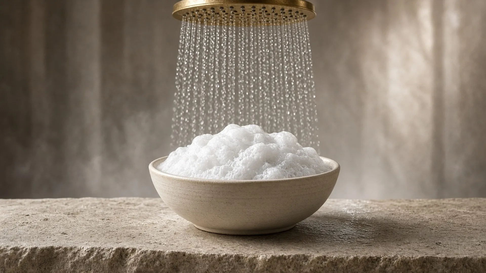 Bowl of white lather with a brass shower running behind