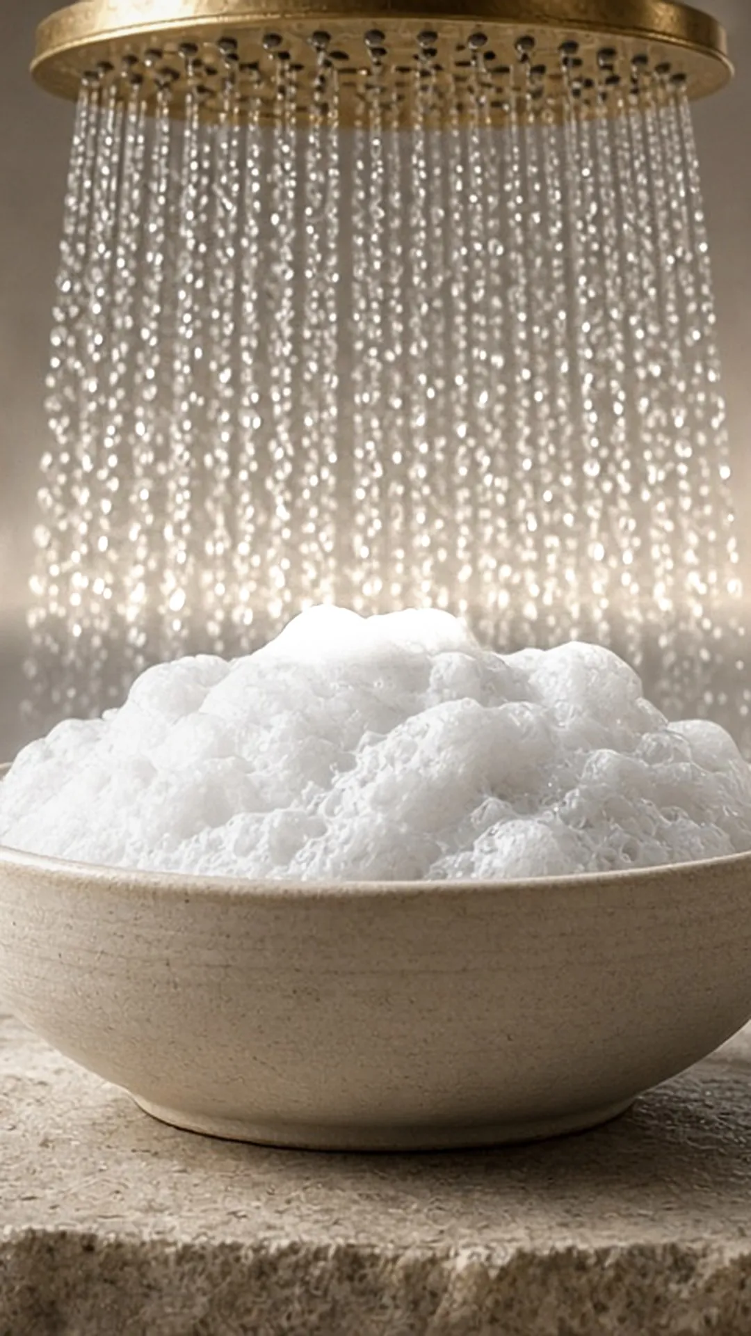 Bowl of white lather with a brass shower running behind