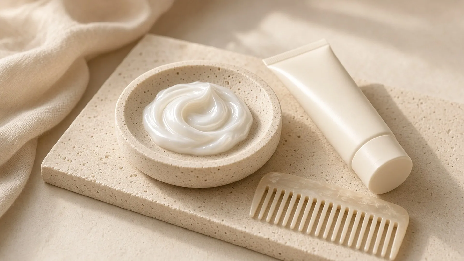 Swirl of conditioner in a stone dish with a wide-tooth comb