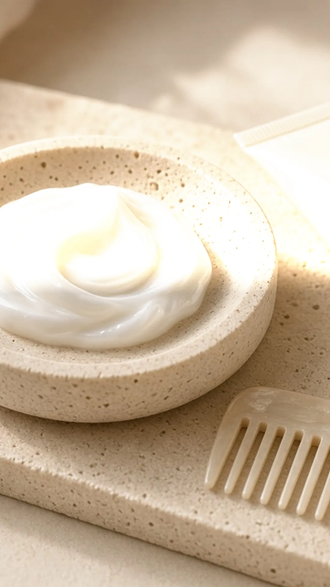 Swirl of conditioner in a stone dish with a wide-tooth comb