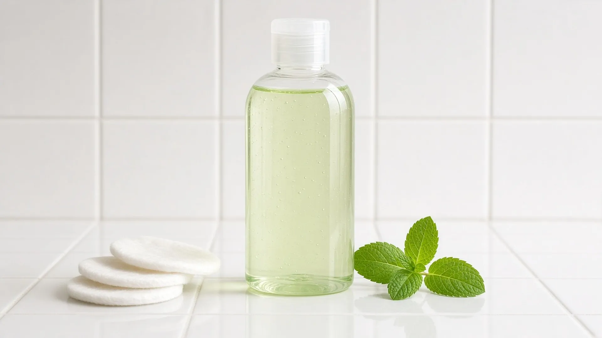 Light green shampoo bottle with cotton pads and mint on white tile
