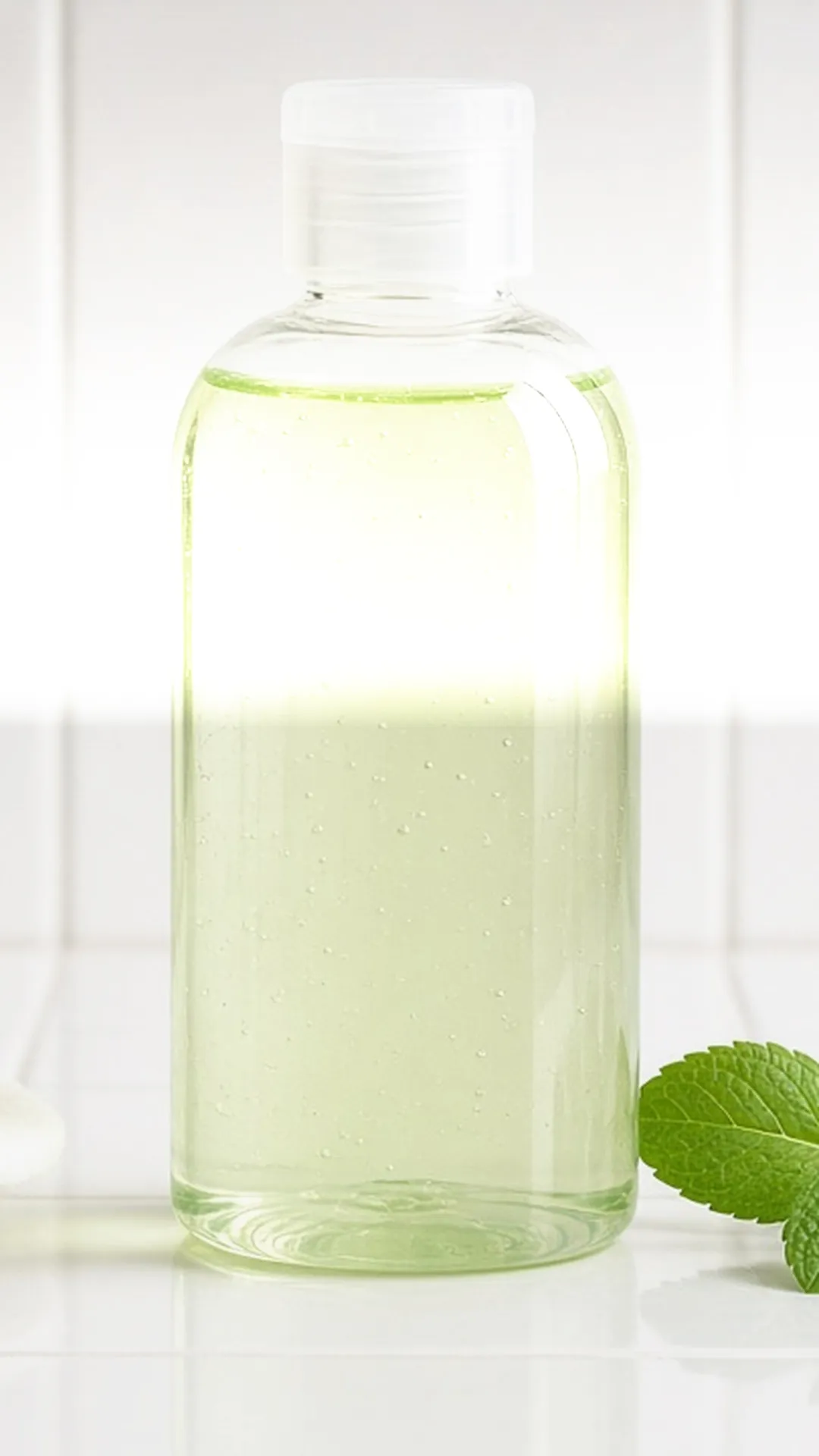 Light green shampoo bottle with cotton pads and mint on white tile