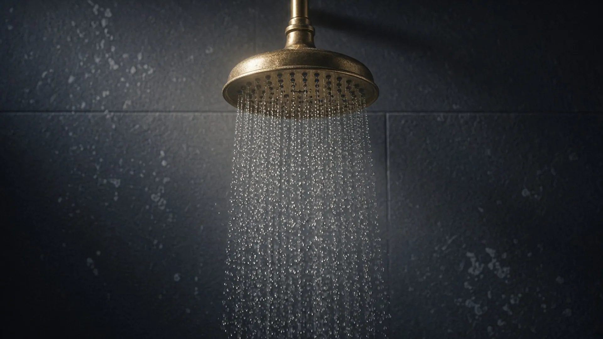 Brass shower head spraying water over slate tile