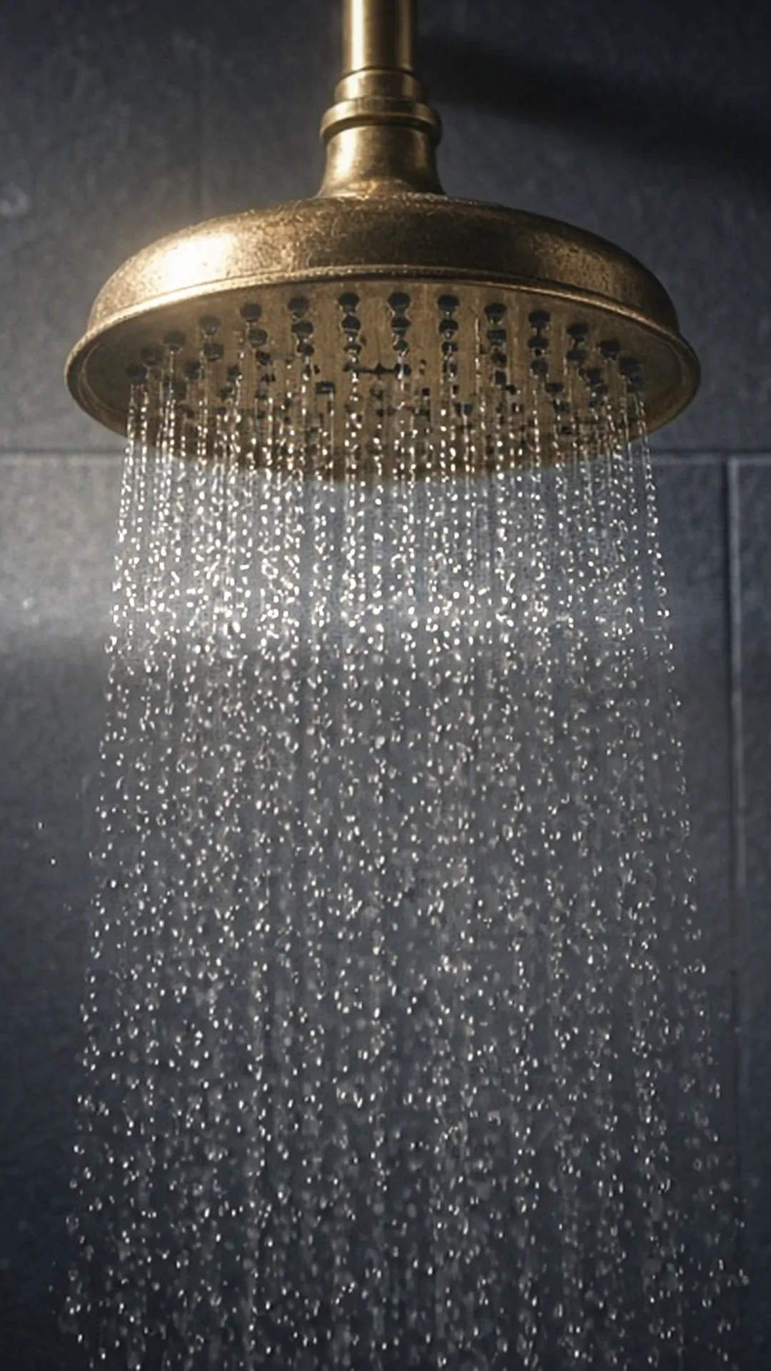 Brass shower head spraying water over slate tile
