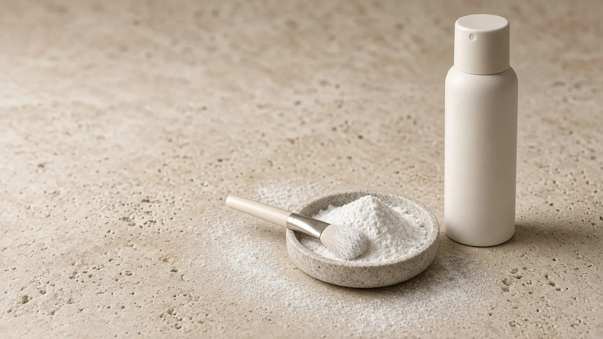Dish of white powder, brush, and plain spray can on stone