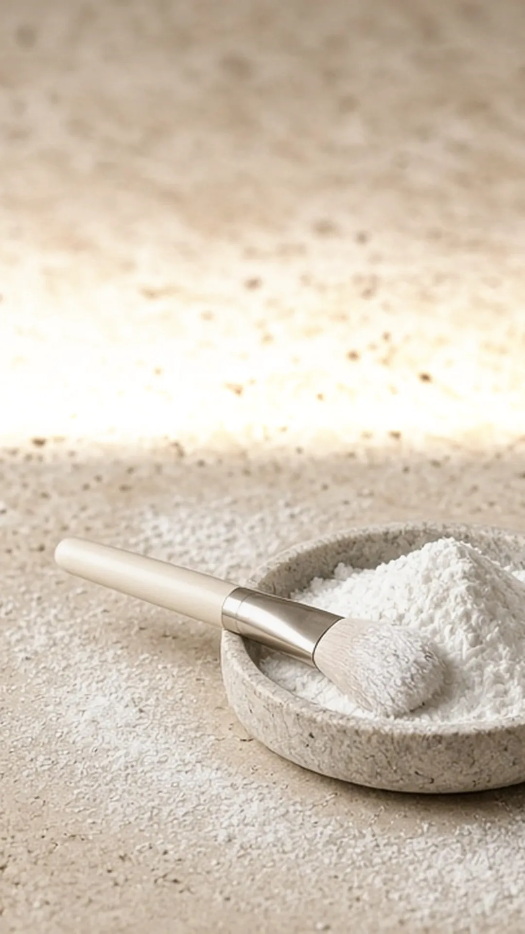 Dish of white powder, brush, and plain spray can on stone