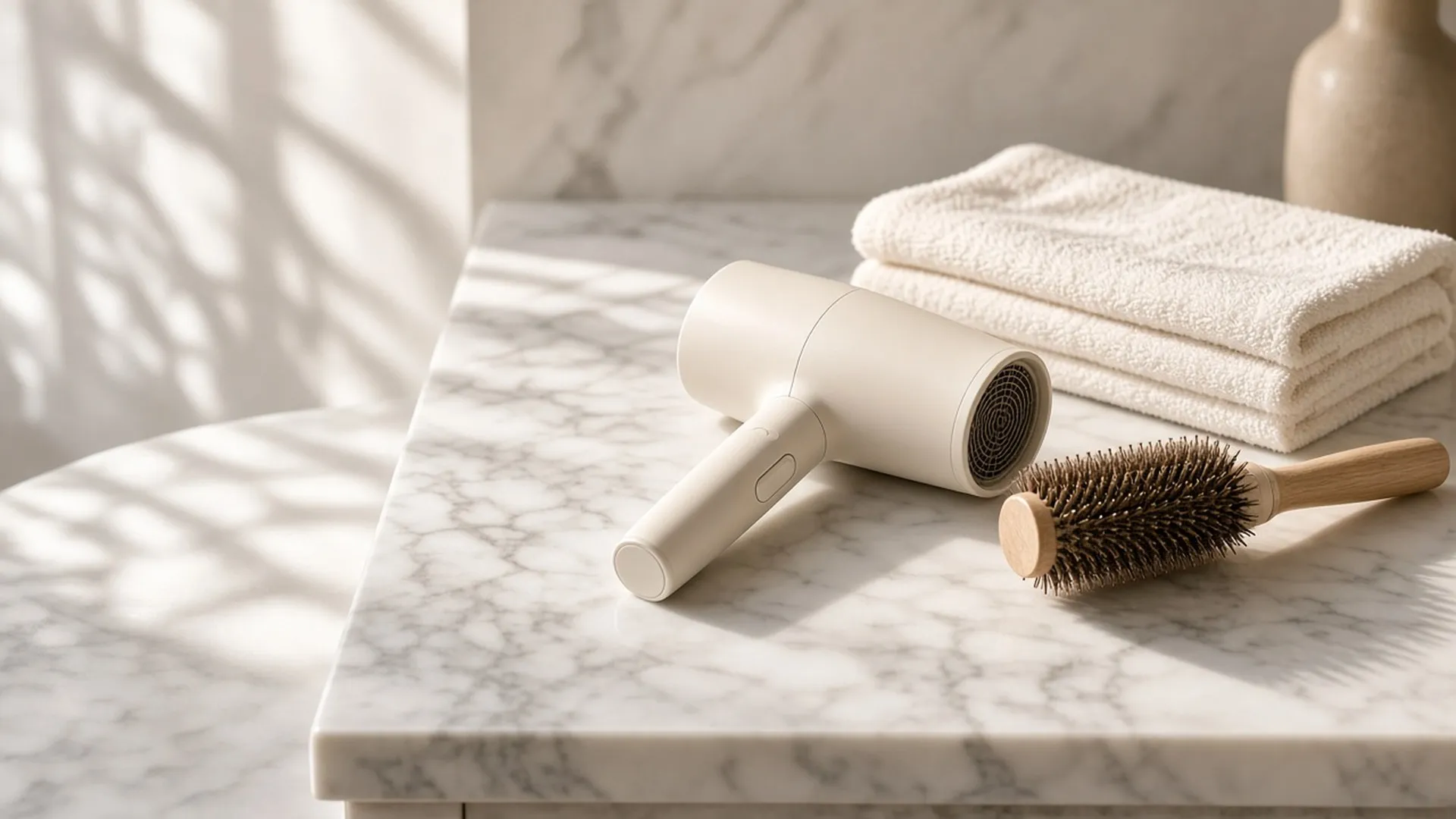 Hair dryer and round brush on a marble vanity