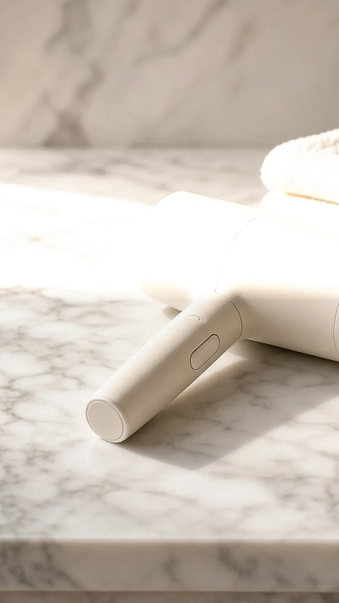 Hair dryer and round brush on a marble vanity