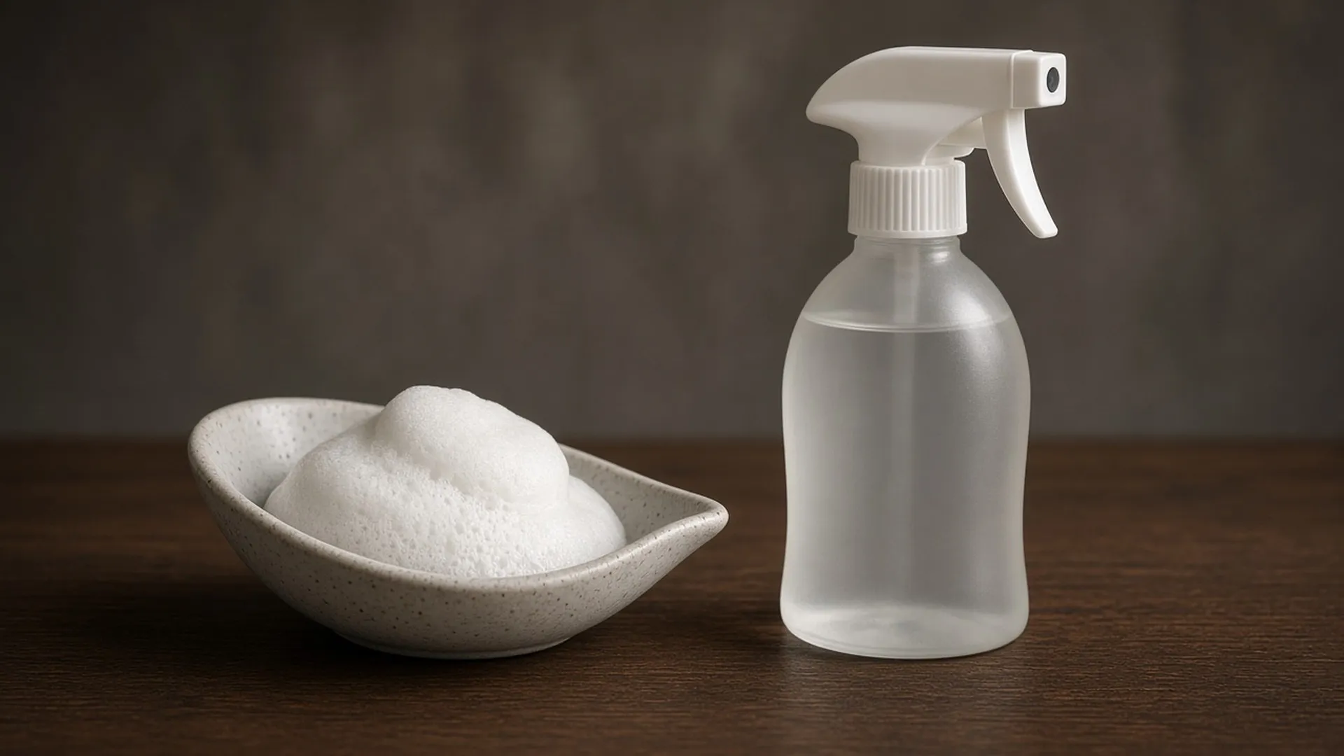 Mousse foam in a dish beside a plain spray bottle
