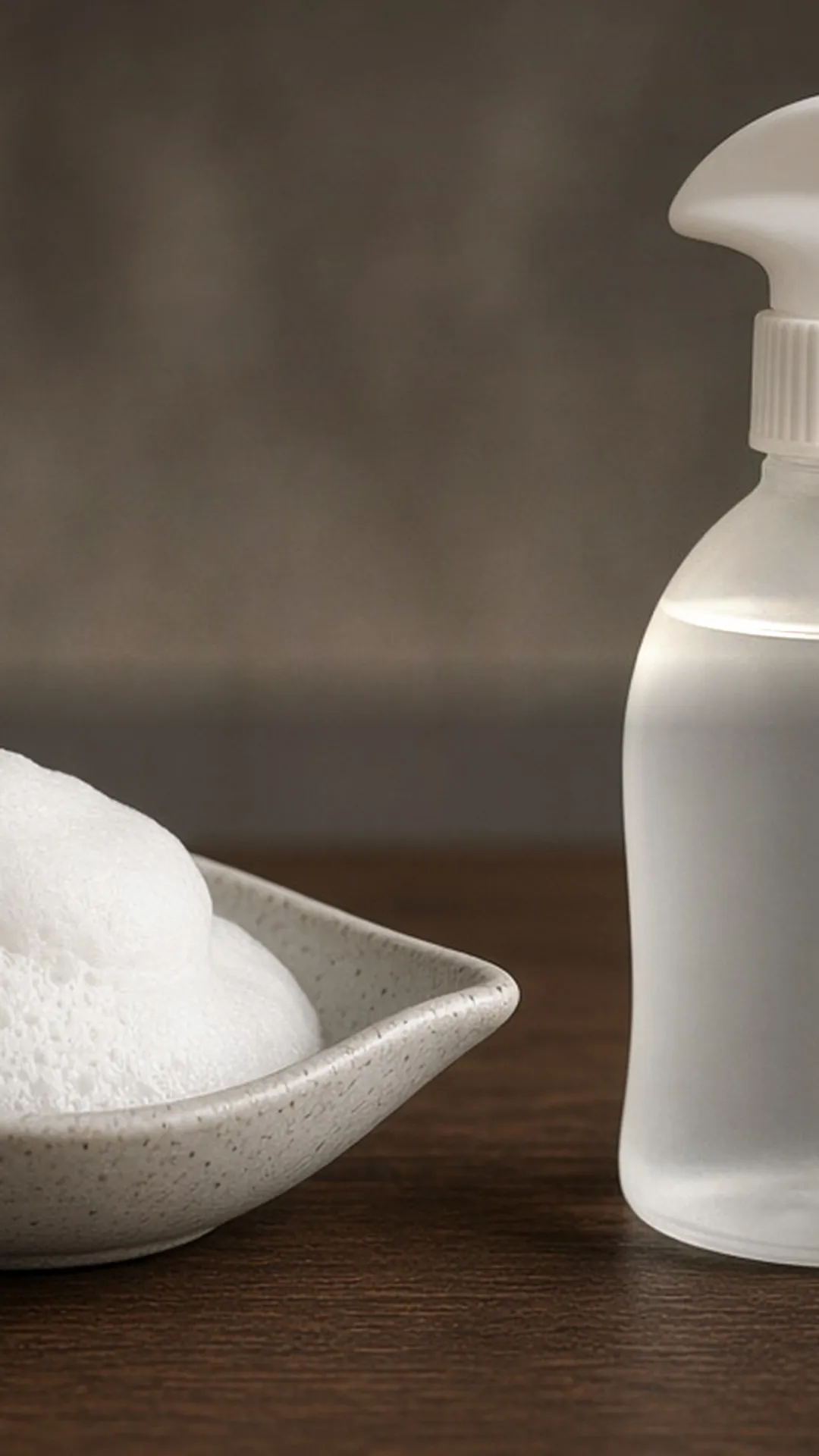 Mousse foam in a dish beside a plain spray bottle