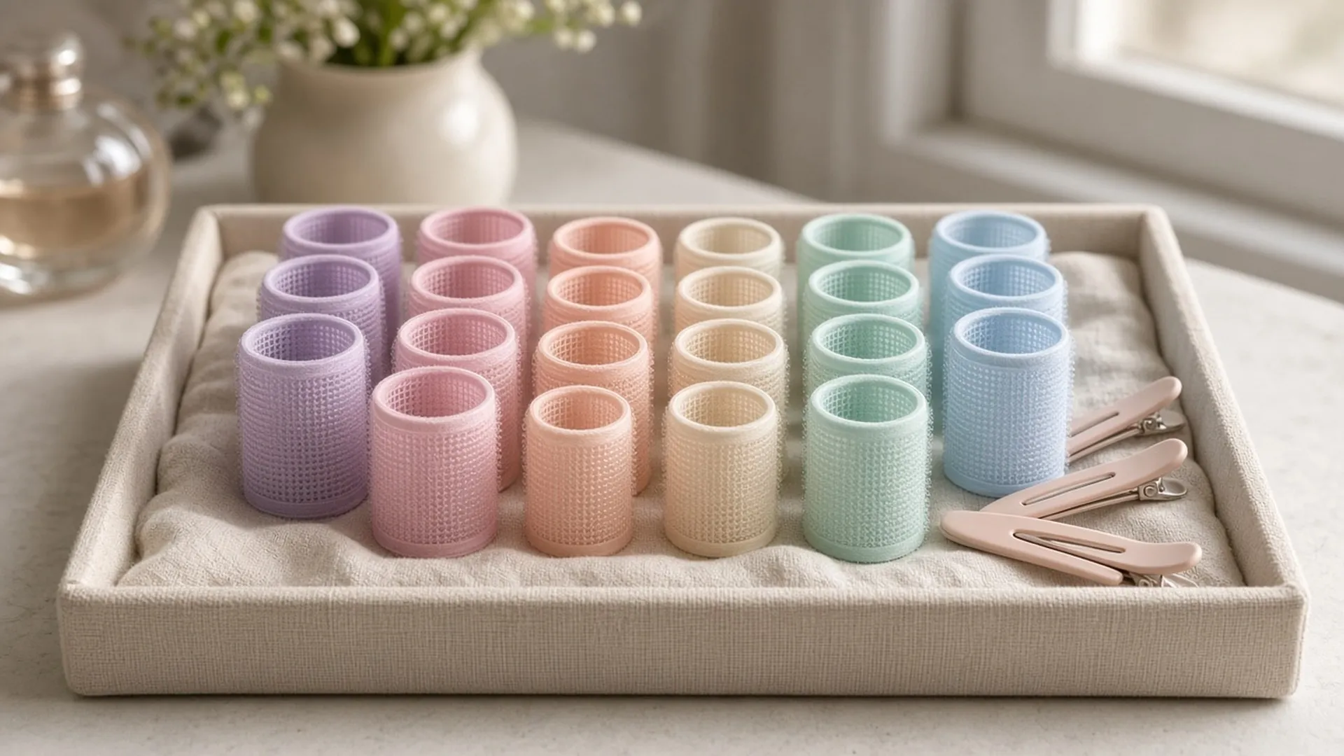 Rows of hook-and-loop rollers in a linen-lined tray