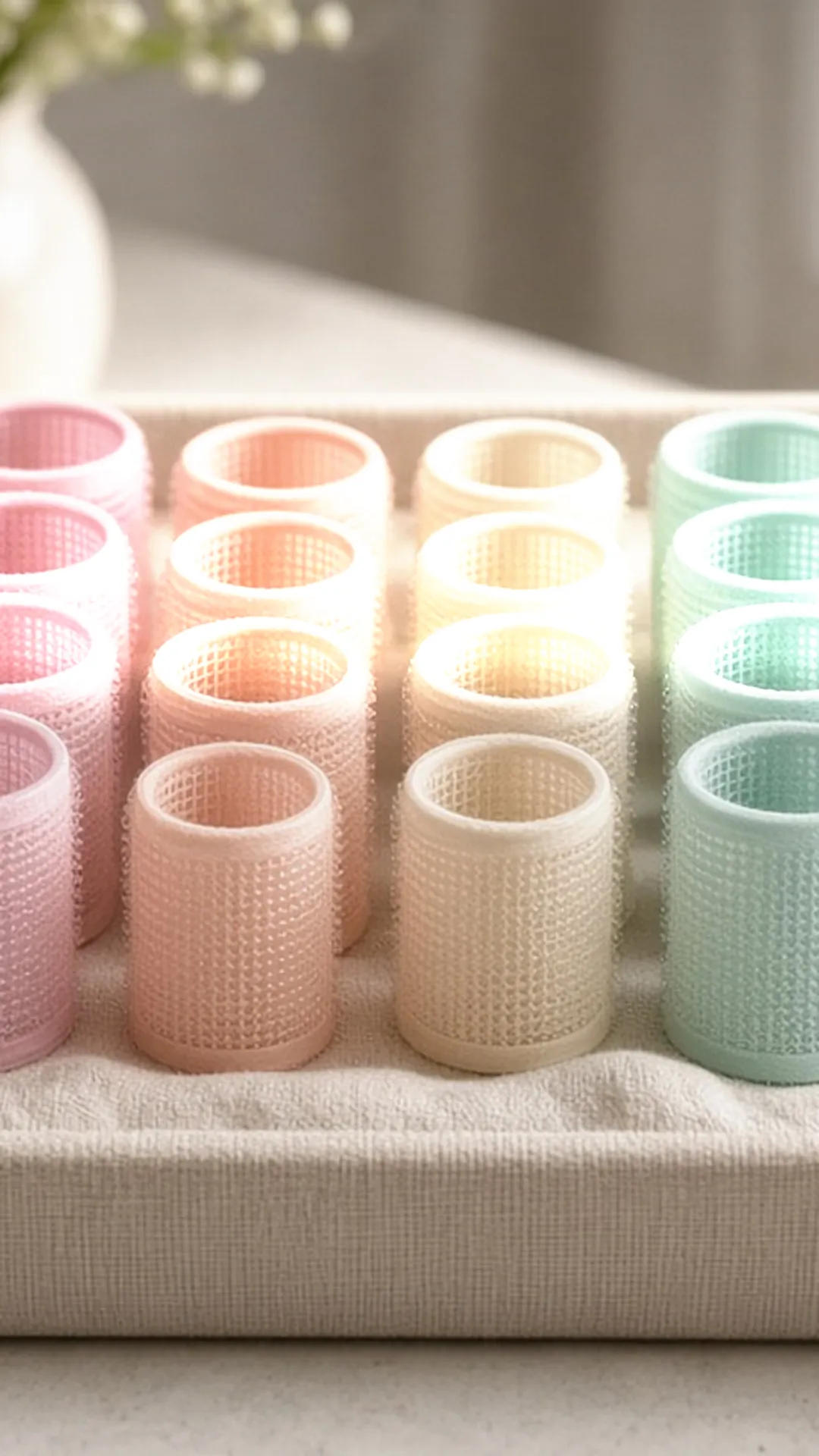 Rows of hook-and-loop rollers in a linen-lined tray