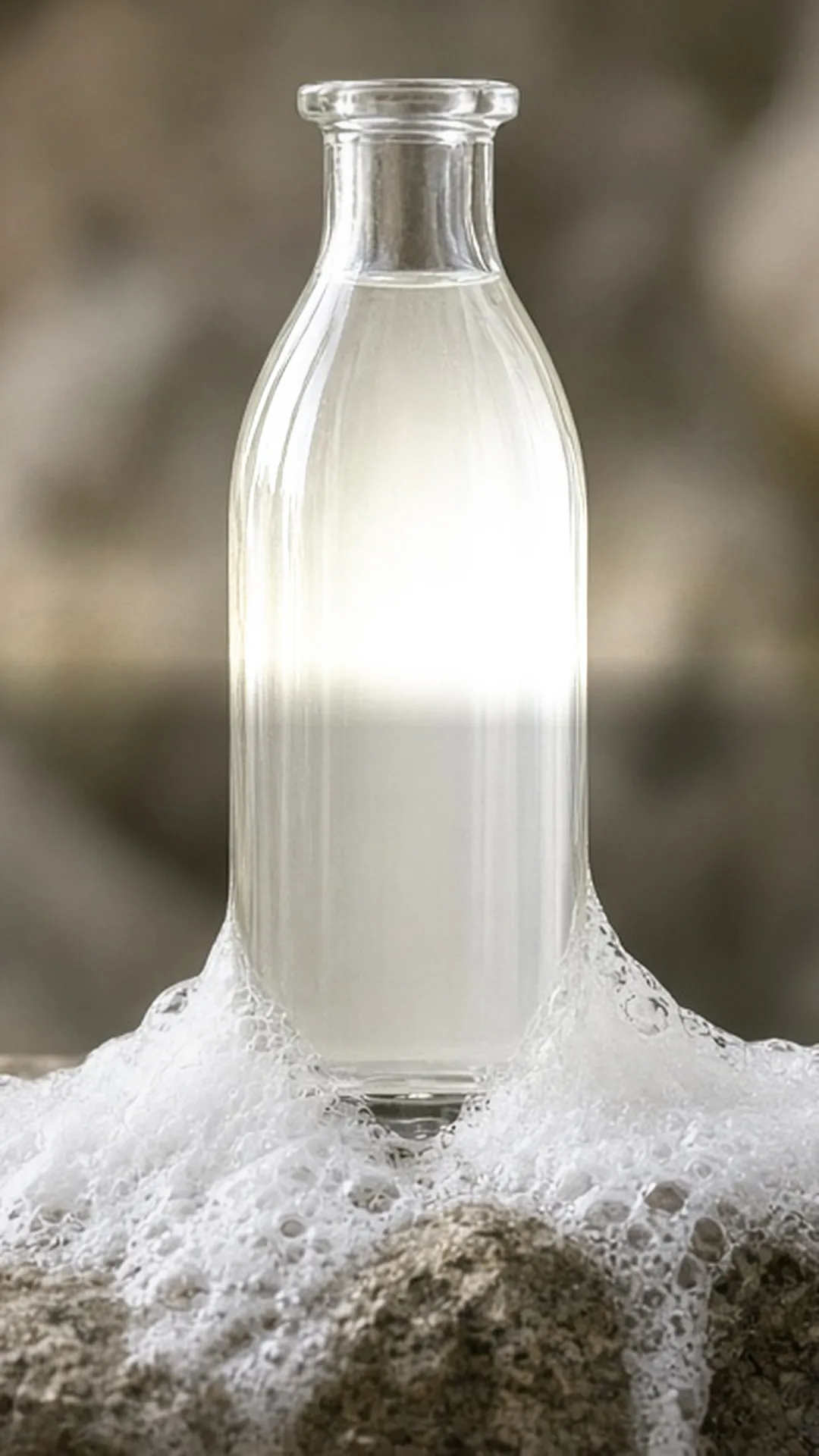 Shampoo bottle and lather on a stone ledge