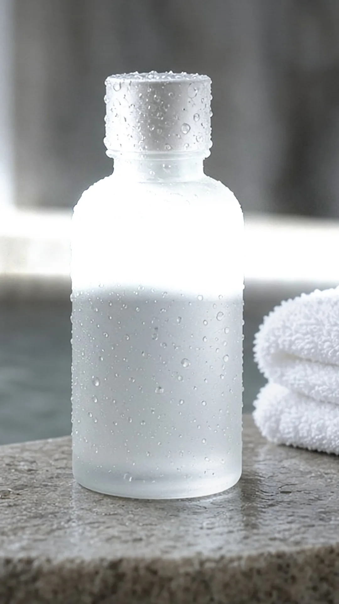 Wet frosted bottle beside a folded towel