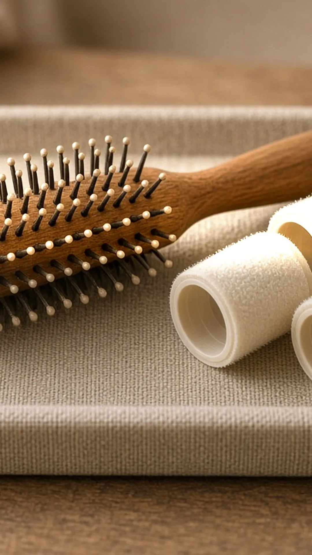 Round brush and rollers on a linen tray