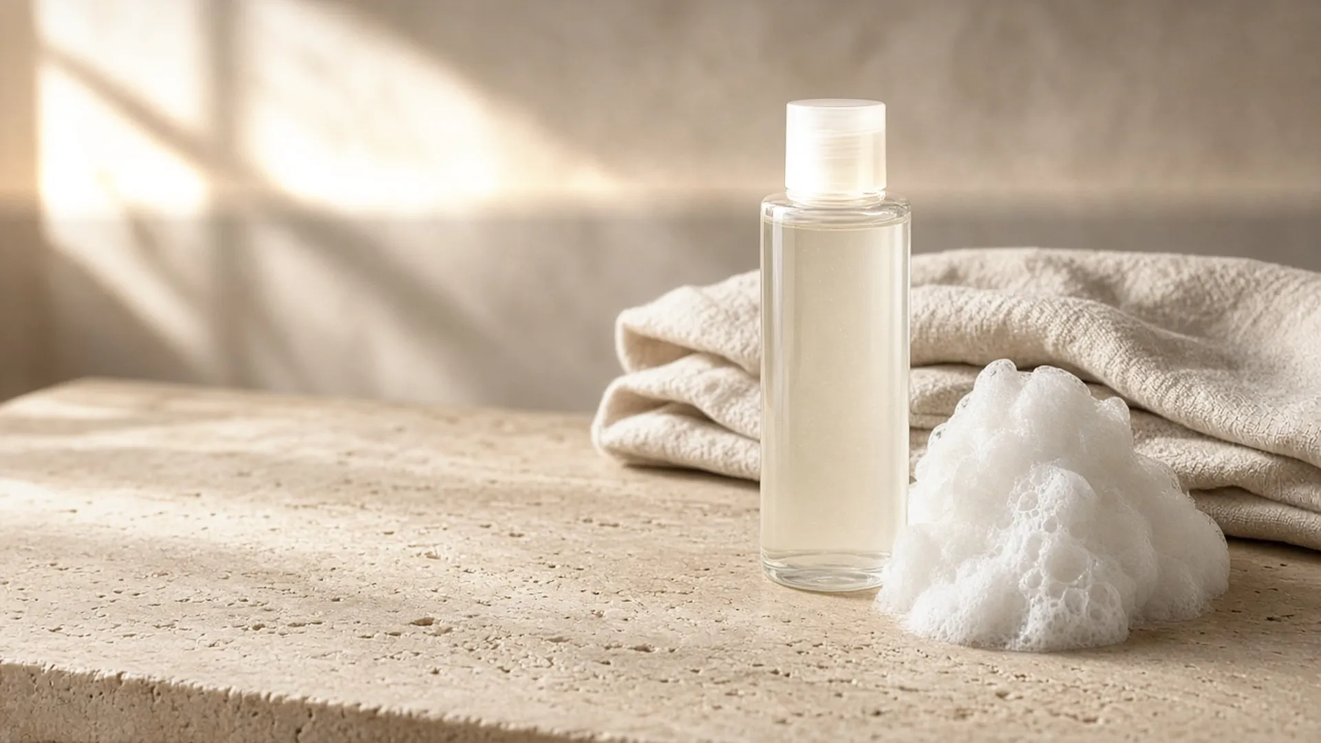 Clear shampoo bottle beside a mound of white lather