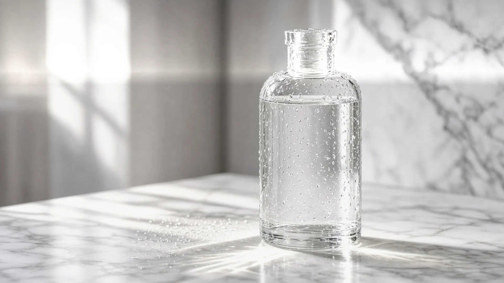Clear bottle of transparent shampoo on white marble