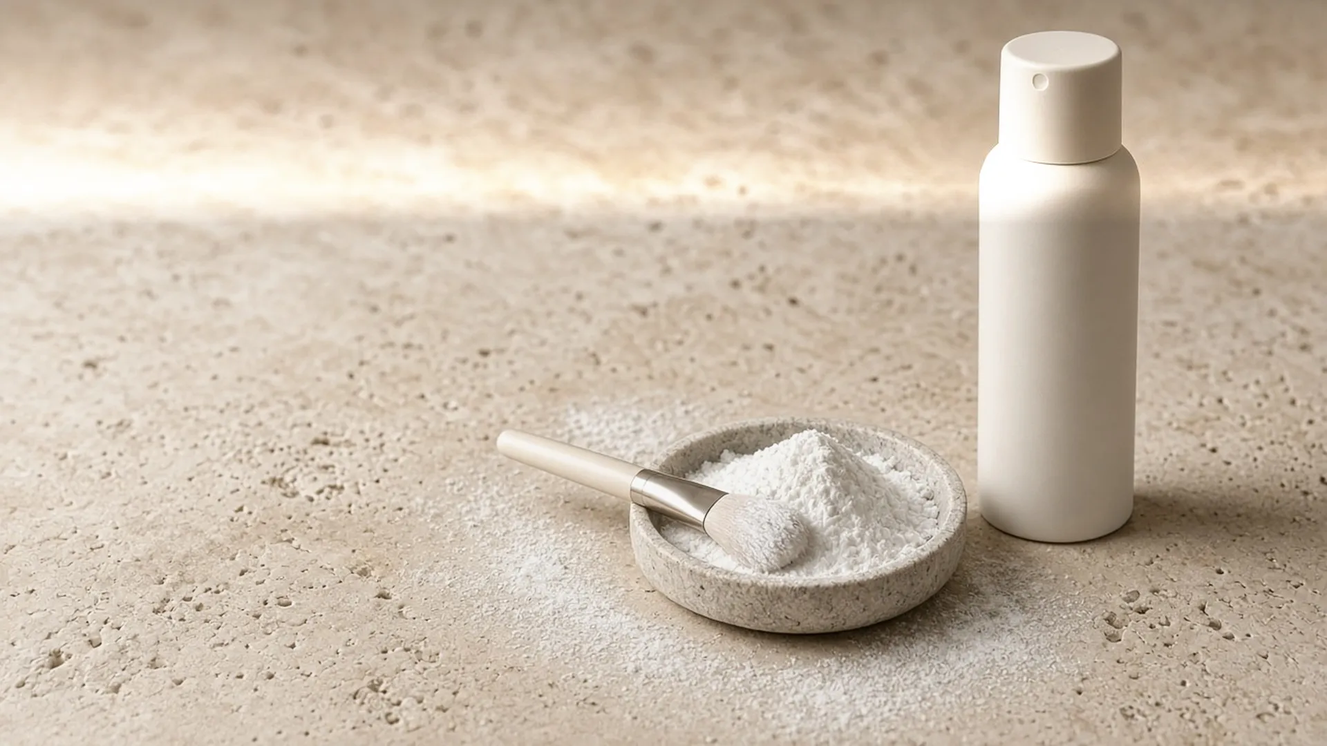 Dish of white powder, brush, and plain spray can on stone