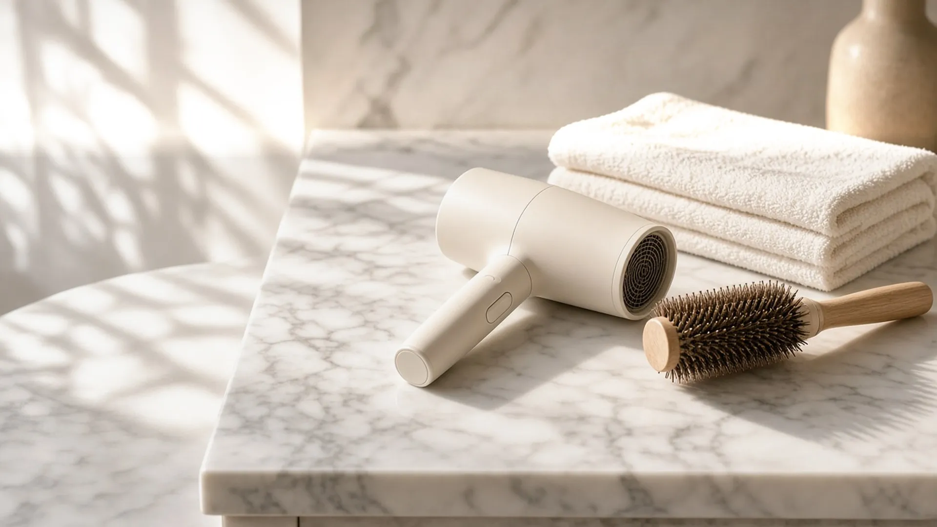 Hair dryer and round brush on a marble vanity